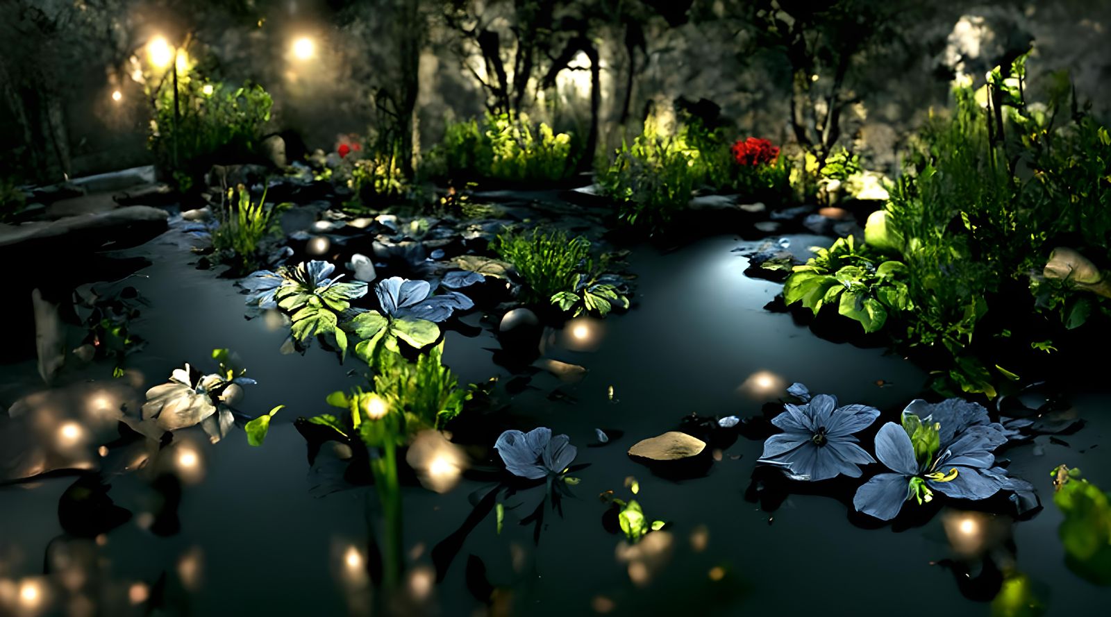 Moody Chiaroscuro Midnight Flower Garden in Unreal Engine