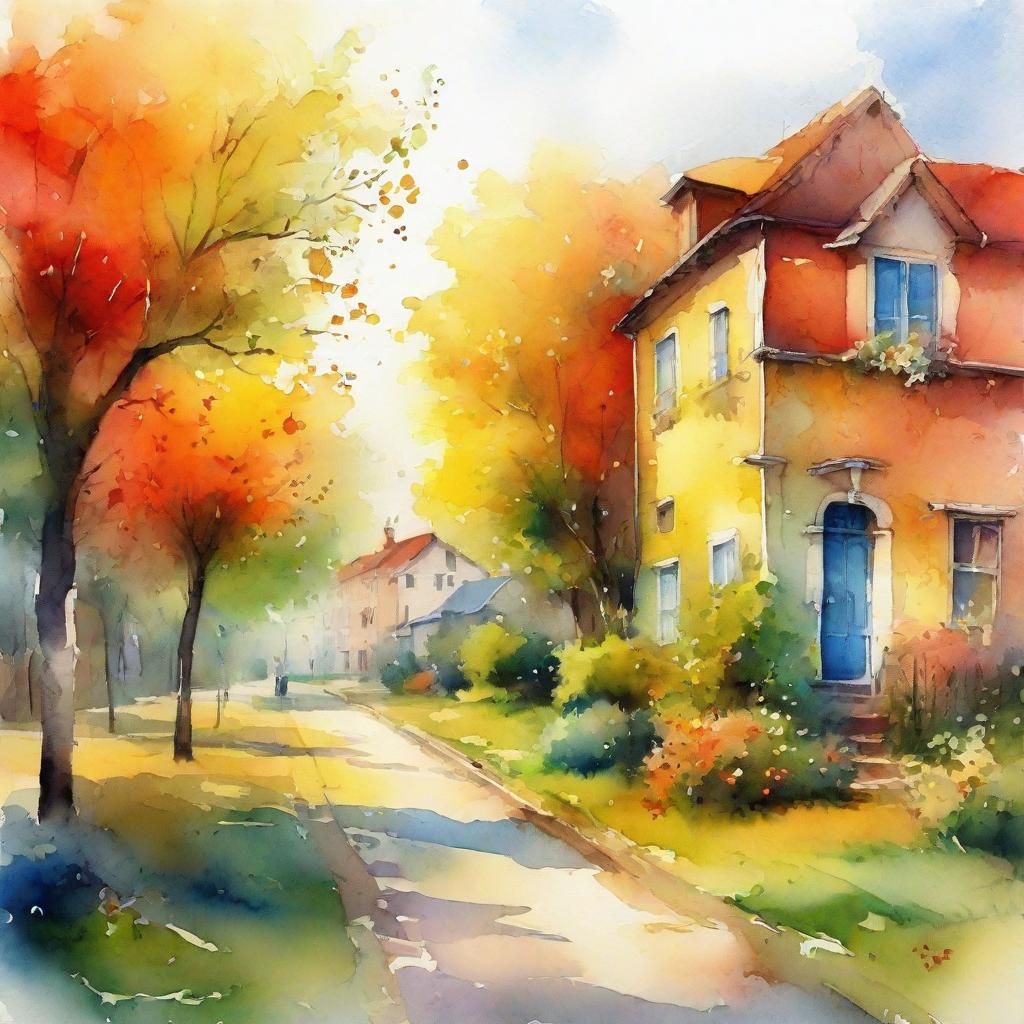 Whimsical Watercolor Neighborhood Landscape in Pastel Colors