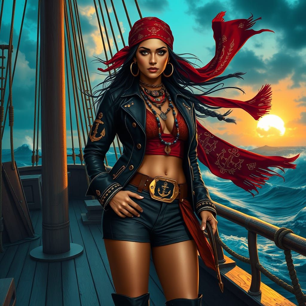 Mughal-Inspired Indian Pirate Woman in Cyber-Noir Style