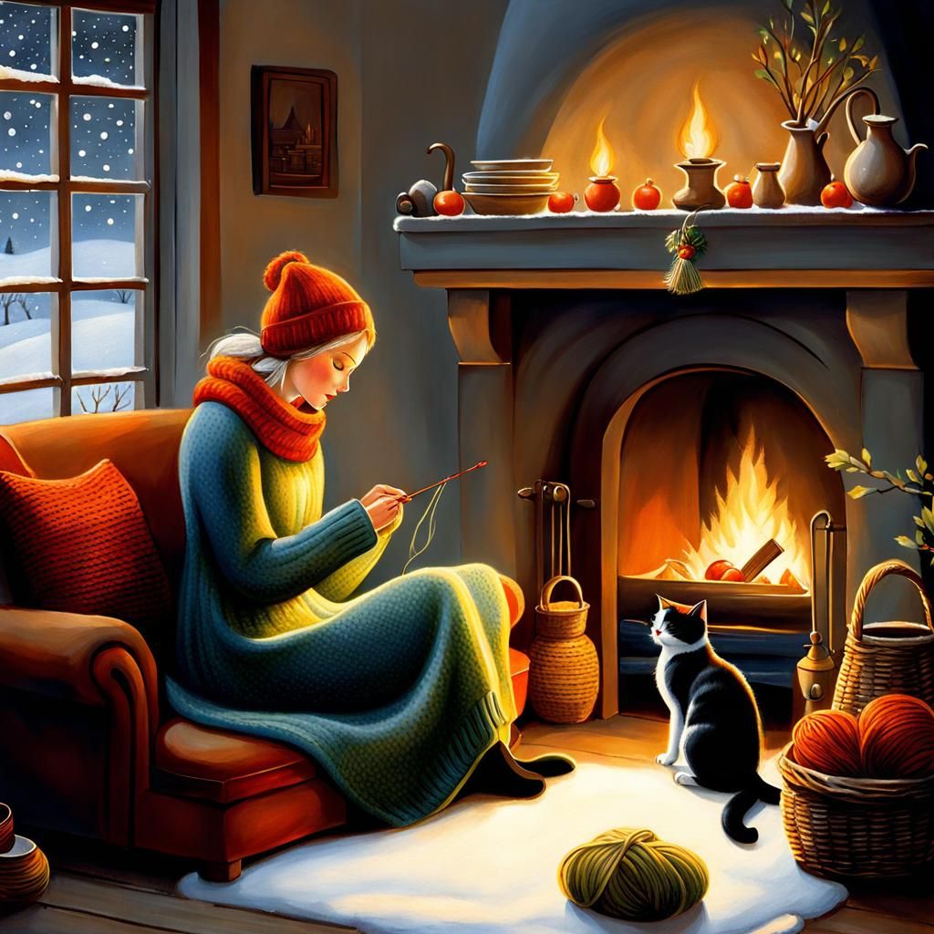 Cozy Fireplace Scene in Storybook Illustration Style
