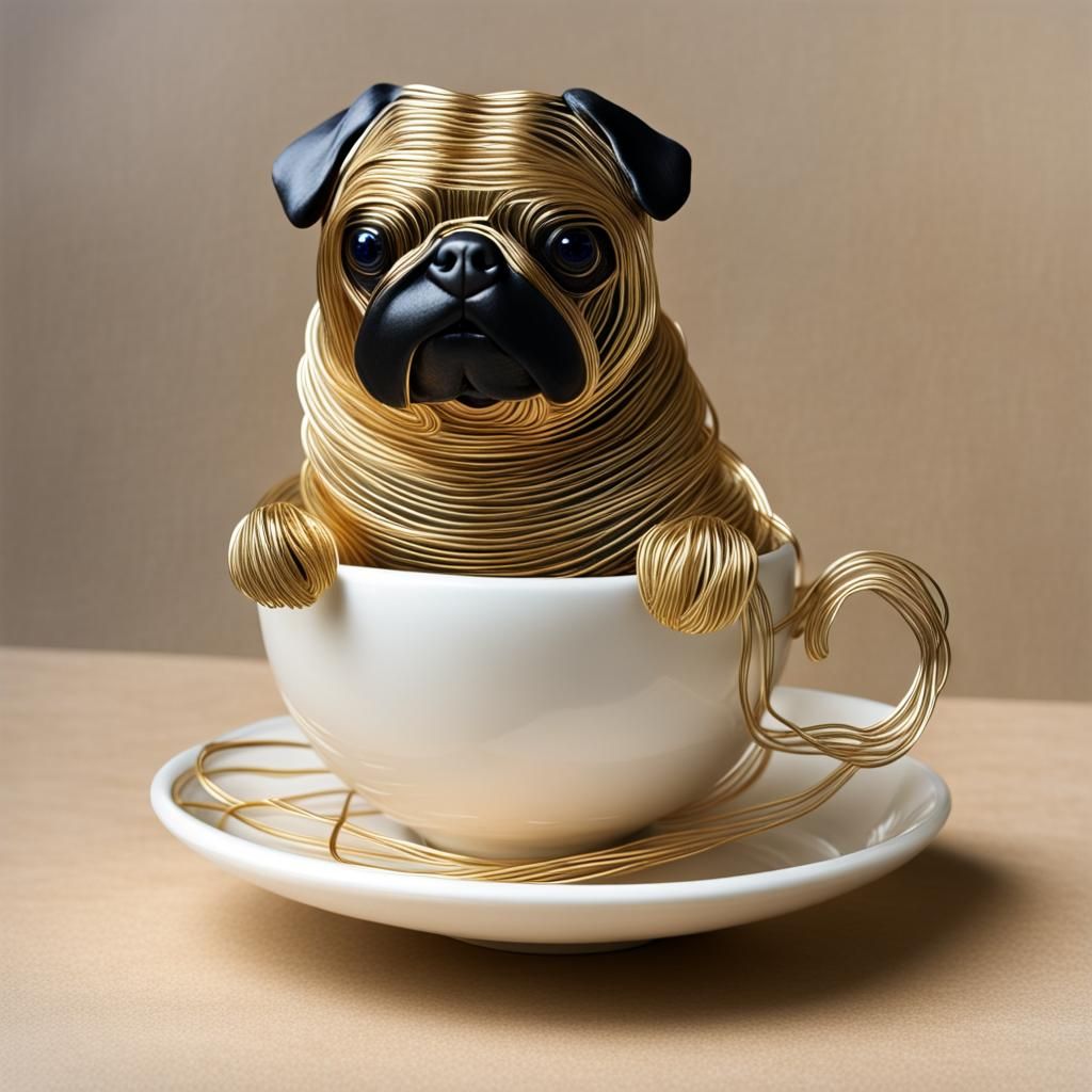 Golden Wire Sculpture of Pug in Teacup