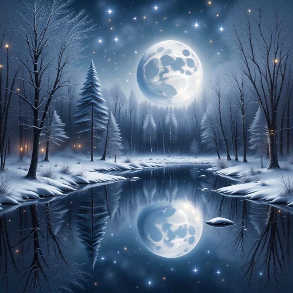 Winter Landscape with Metallic Lake and Reflections