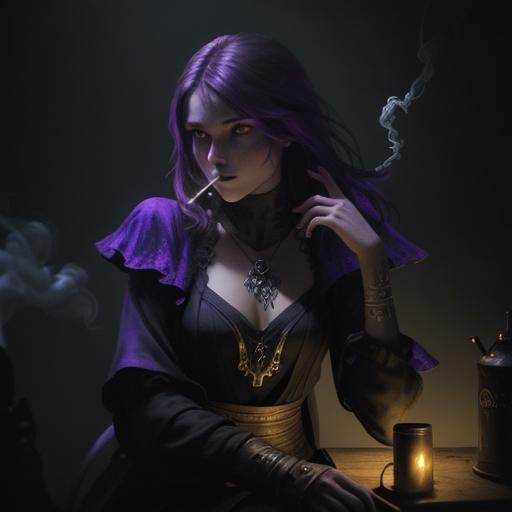Girl Smoking with Skull Smoke, Dark Fantasy Art