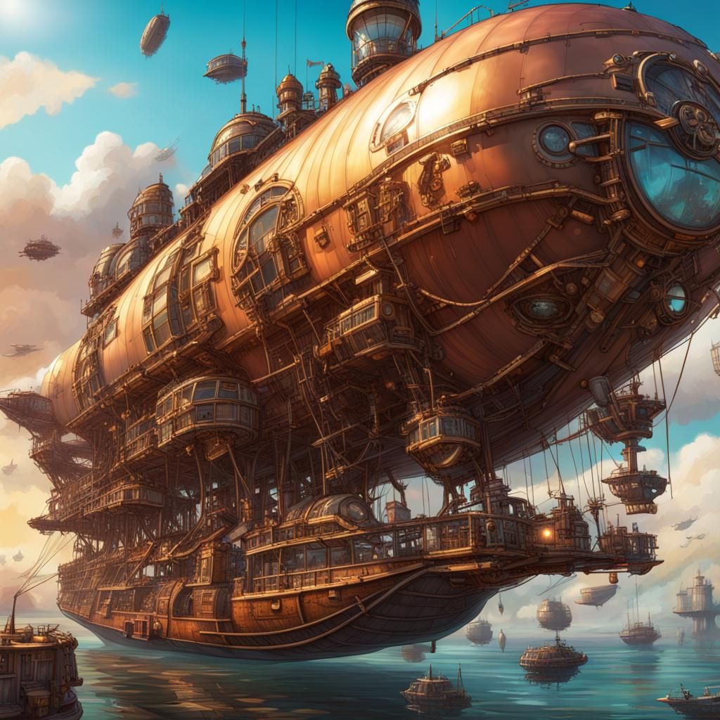 Neo-Futuristic Steampunk Airship Fleet in Digital Art