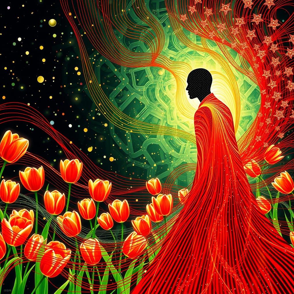 Ethereal Spirit of Vibrant Stripes and Whirling Tulips