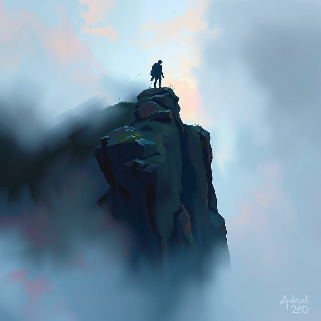 Mysterious Figure Standing on Cliff in Vibrant Misty Landsca...