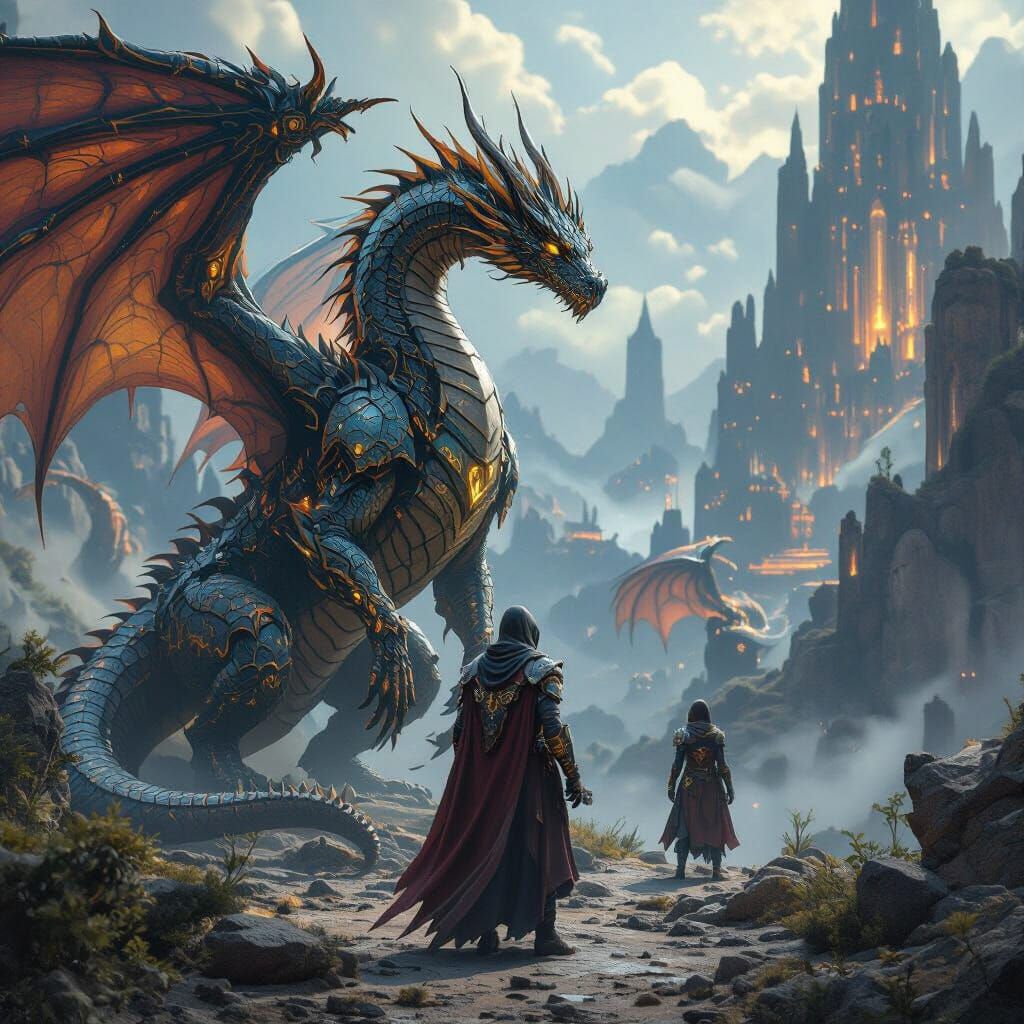 Ancient Dragon and Dragonrider Bond in Cyberpunk Metaverse