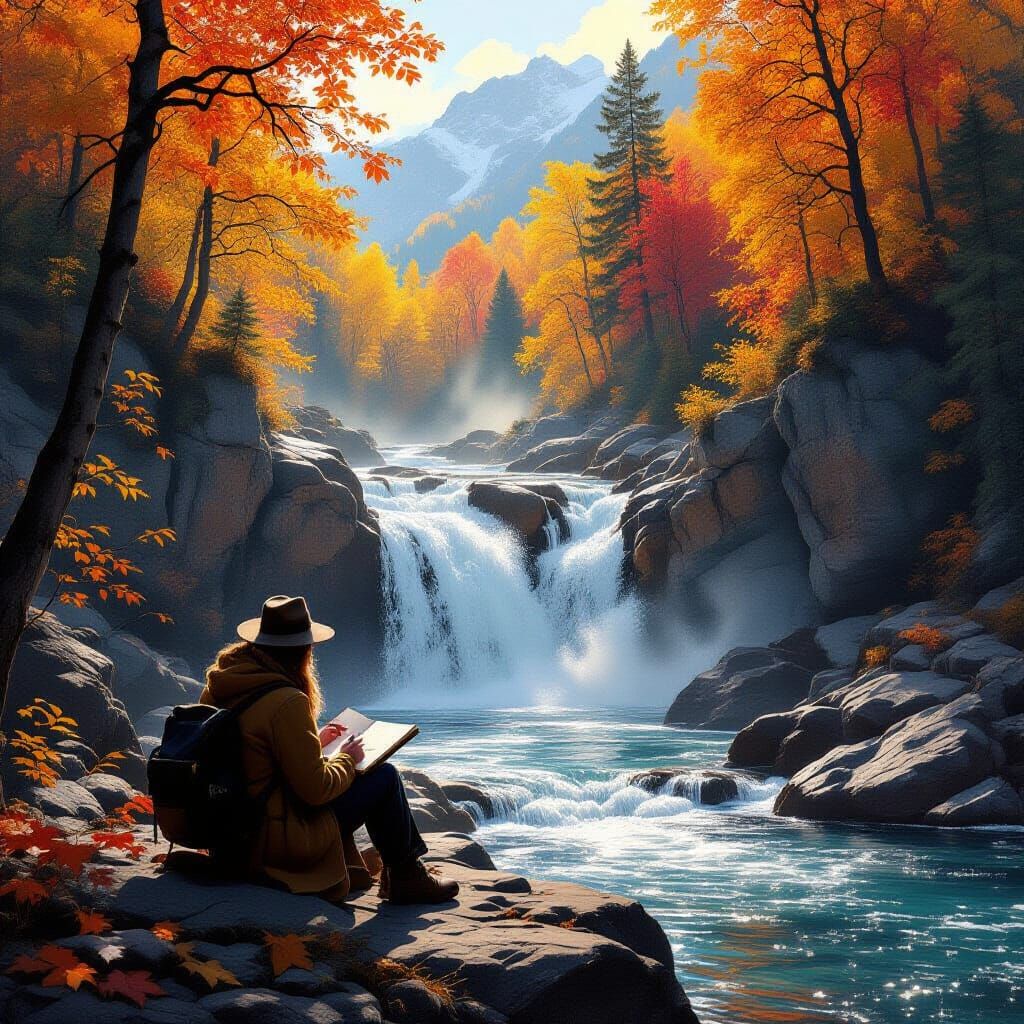 Traveler Sketches Autumn Forest by Mountain Cascade