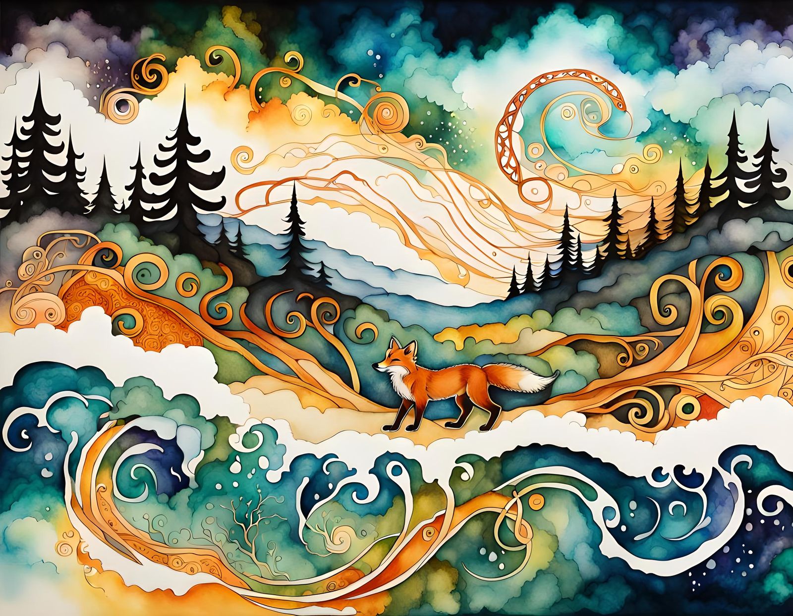 Celtic Fox in Earthquake Forest: Art Nouveau Watercolor