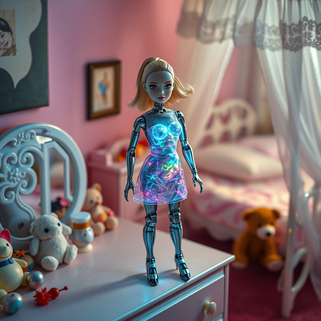 Cyborg Barbie with Holographic Dress in Sci-Fi Style