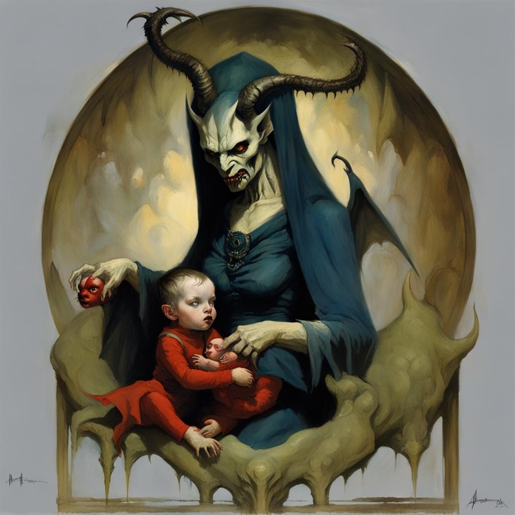 Mother Demon Feeding Child Devil in Gothic Horror Style