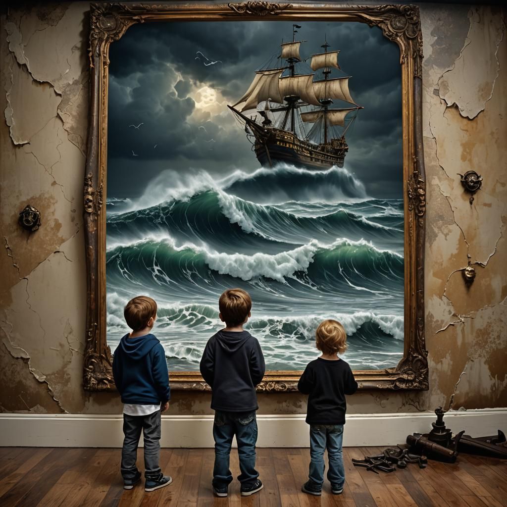 Children Gaze at Stormy Pirate Ship Painting
