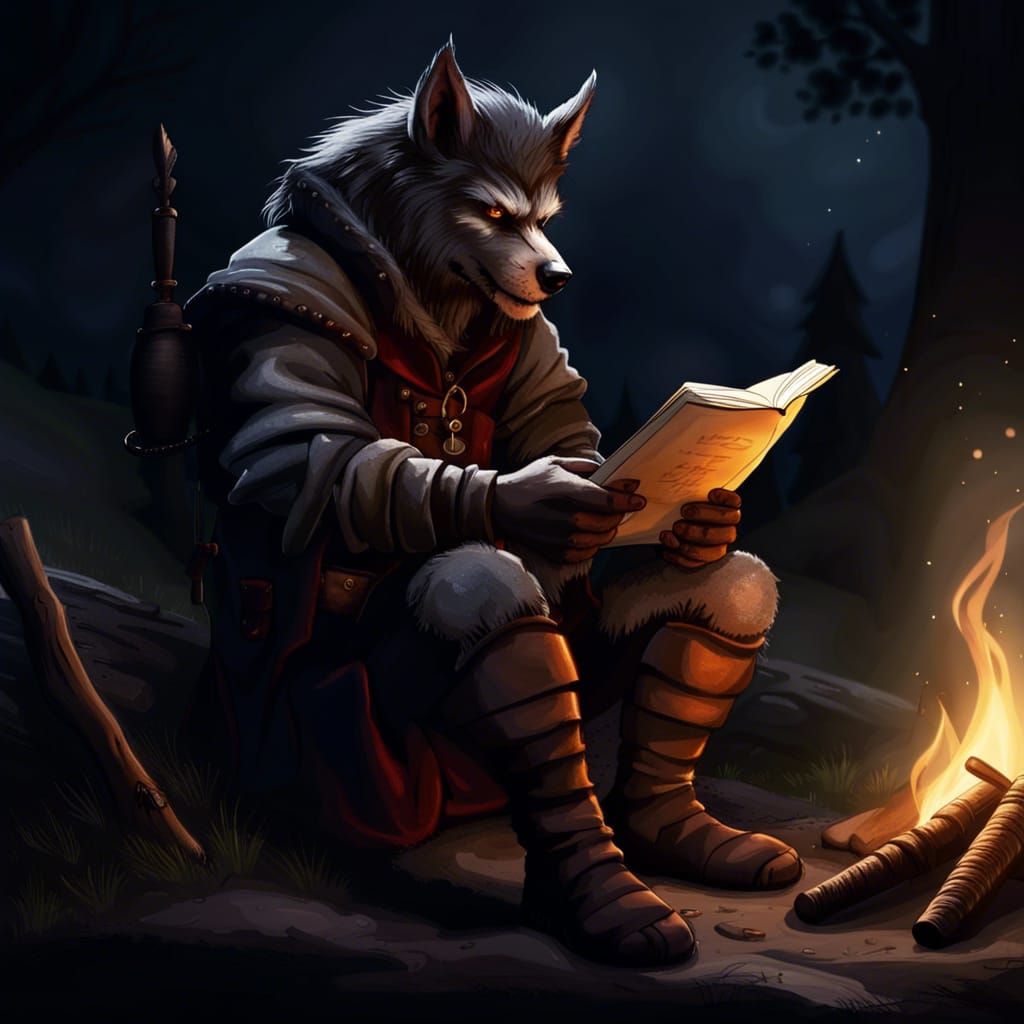 Werewolf Mercenary at Campfire, Realistic Style