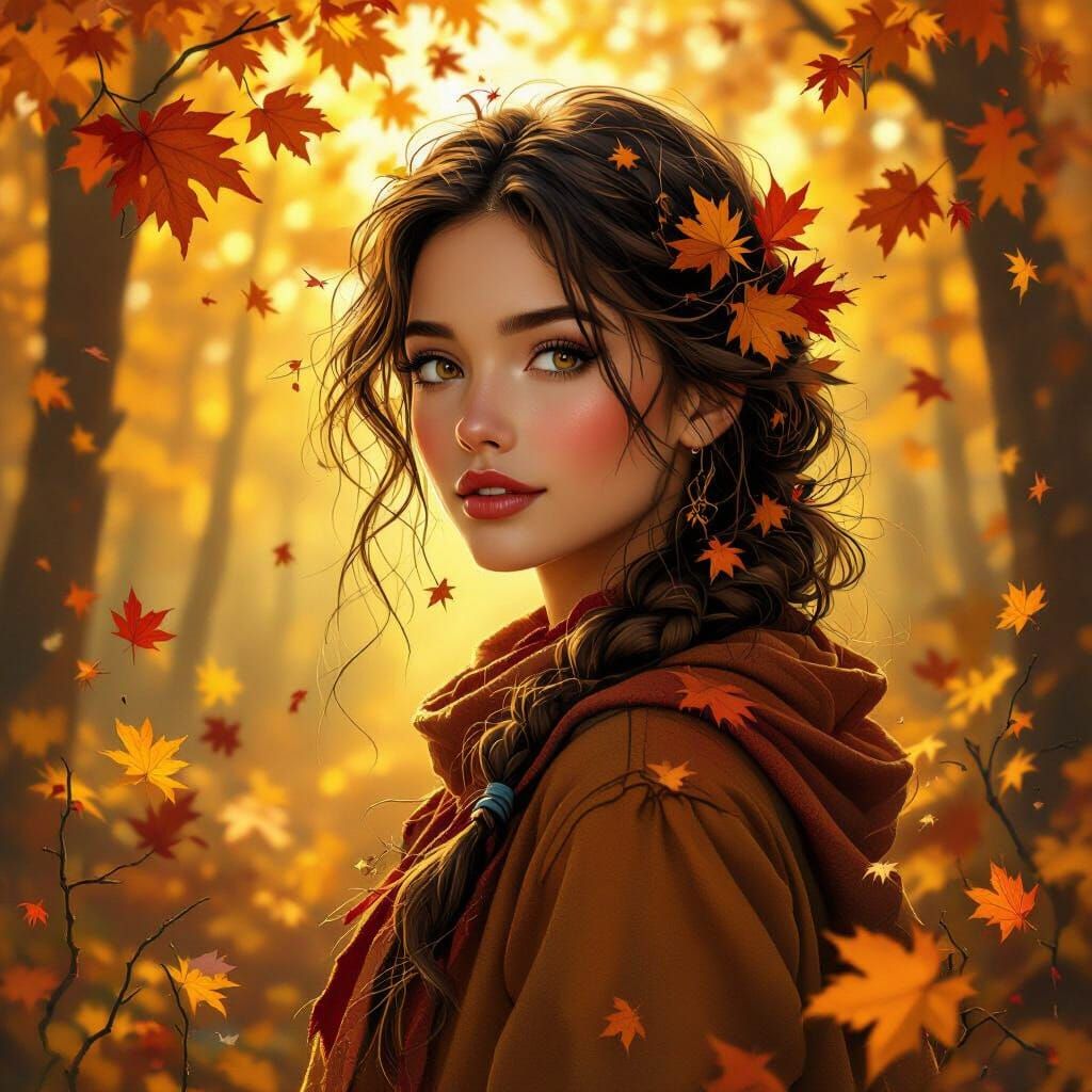Whimsical Woman in Golden Autumn Forest