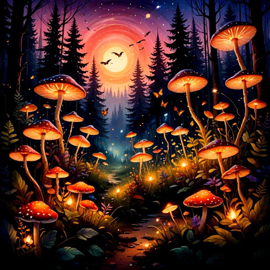 Psychedelic Night Sky Forest Scene in Earth Tones
