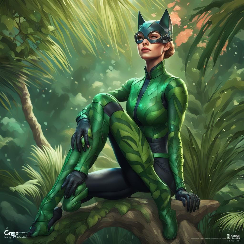 Tropical Catwoman Portrait in Hyperdetailed Digital Art