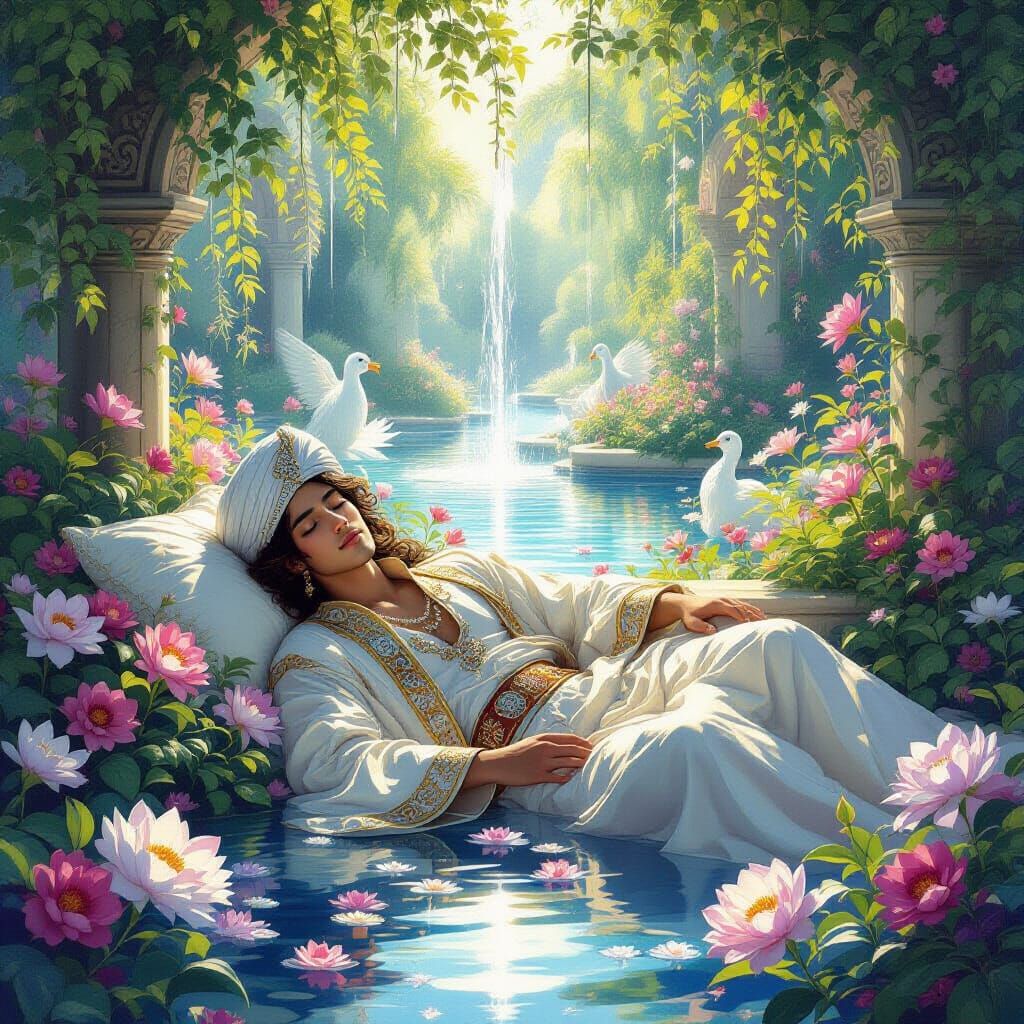 Serene Sultan in a Magical Desert Garden