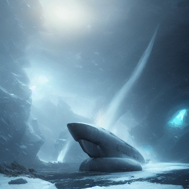 Submarine Marooned in Frozen Landscape: Dark Fantasy Art