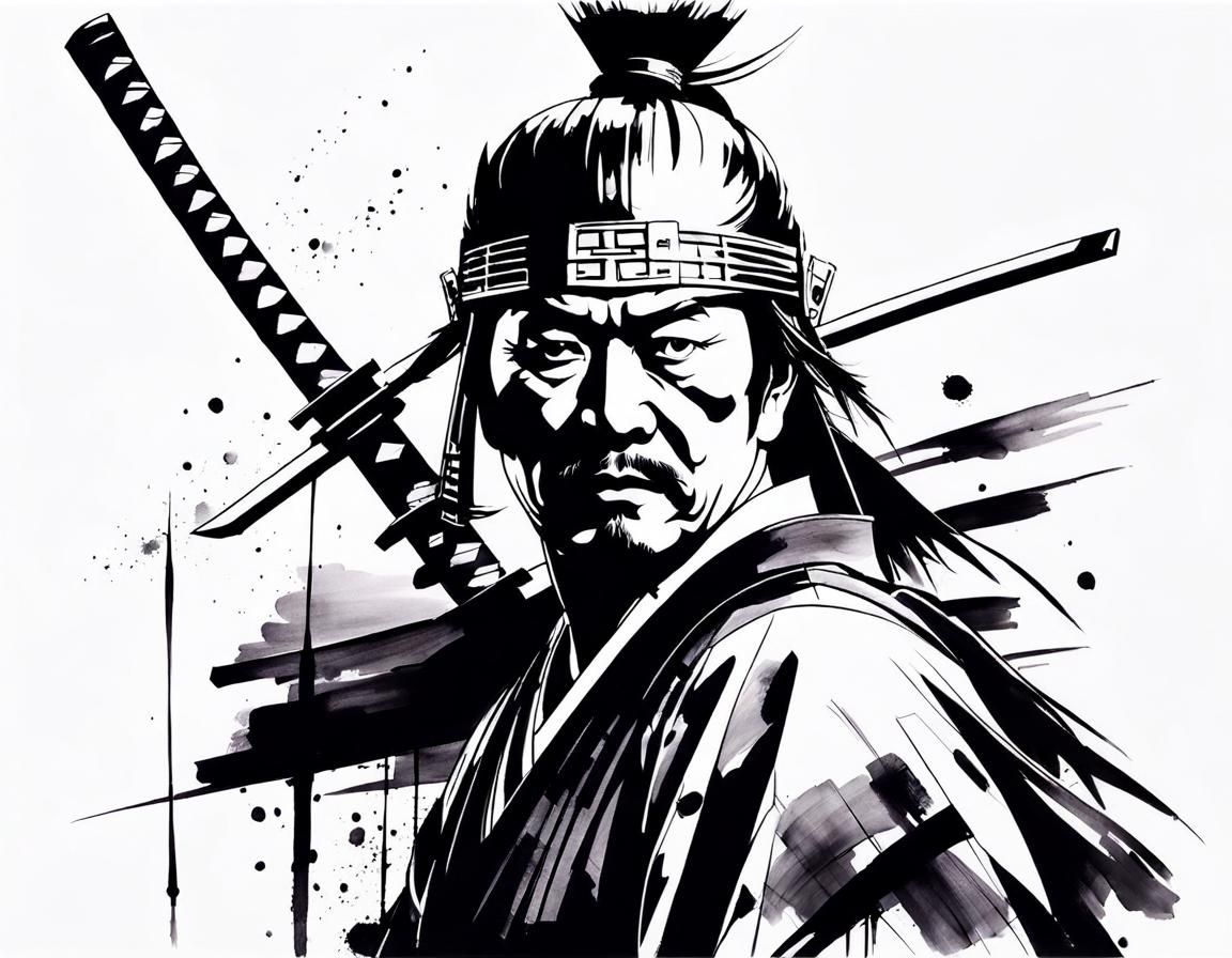 Minimalist Ink Samurai Portrait on Battlefield
