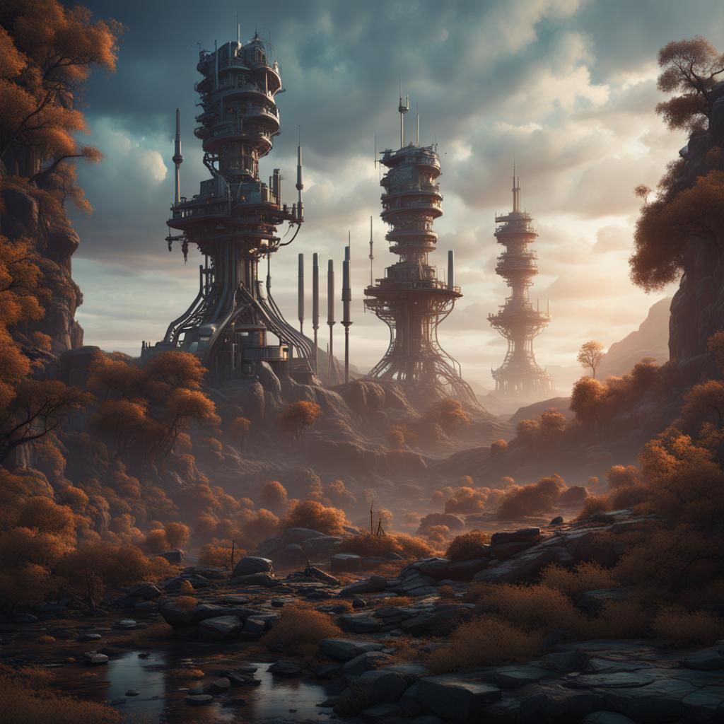 Cinematic Transmitter: Detailed Matte Painting in Deep Color