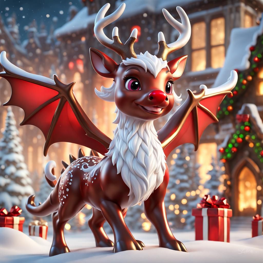 The beautiful final render of an adorable chibi winged Reindeer dragon, two_wings_only, perfect limbs, masterful dragon,...