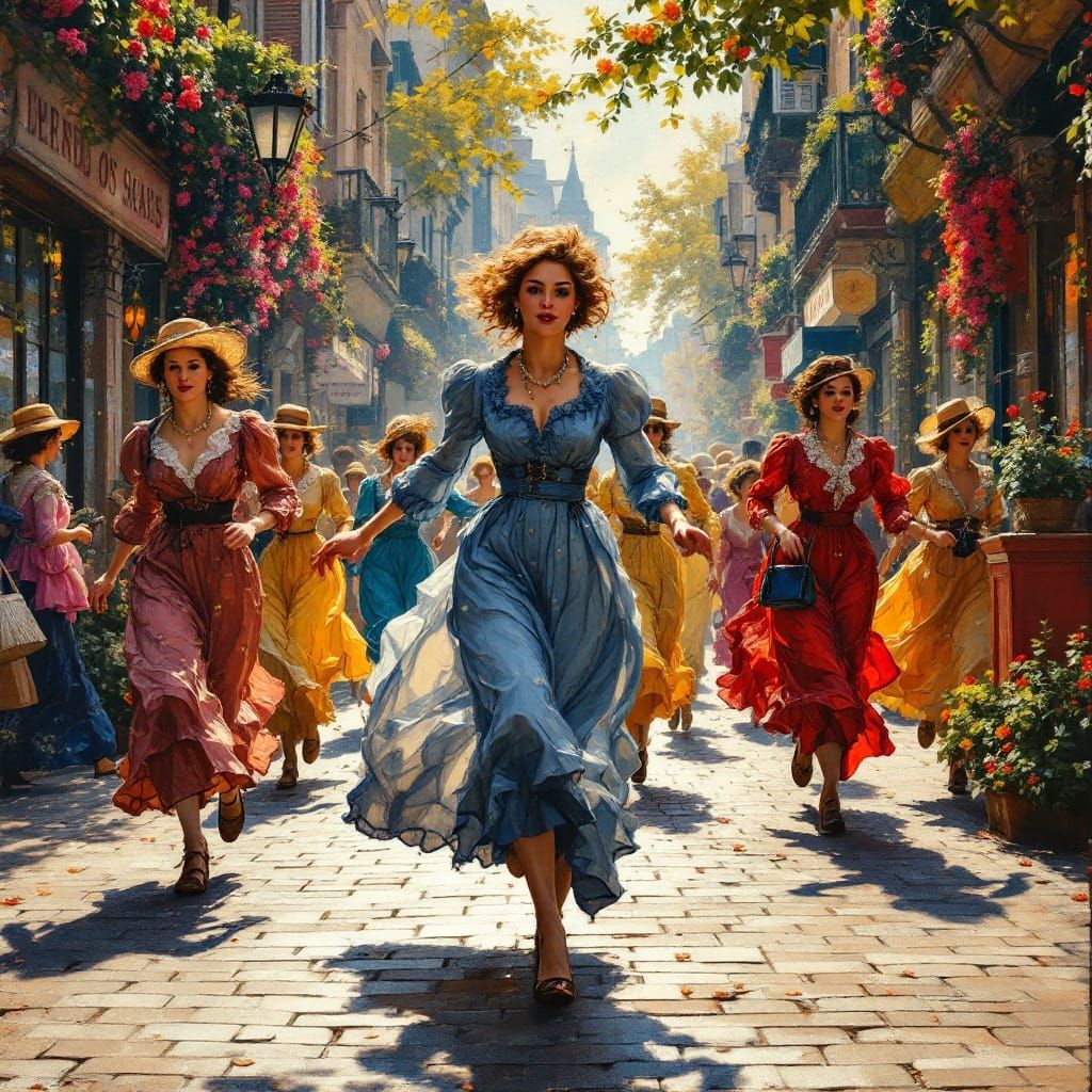 Edwardian Woman Sprints Down the Street in a Vintage Maratho...