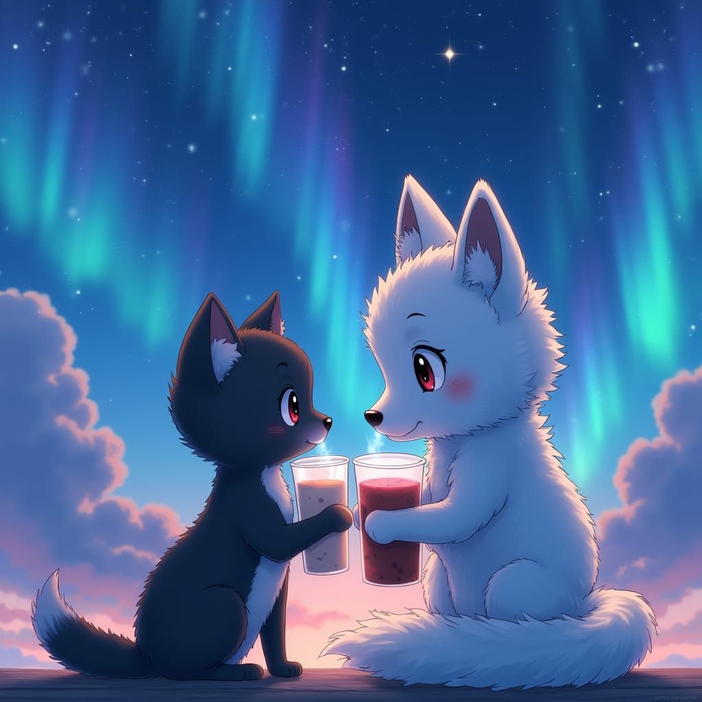 Kitten and Fox Drink Bubble Tea Under Northern Lights