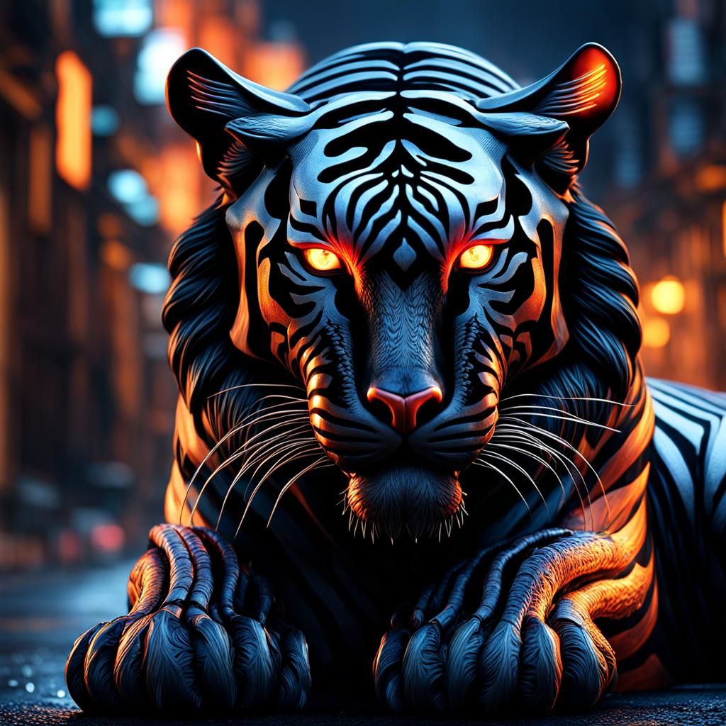 Flaming Tiger Unleashed: Mythical Street Guardian
