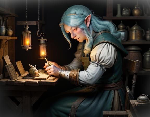 Gnome Repairs Automaton in Dark Fantasy Workshop