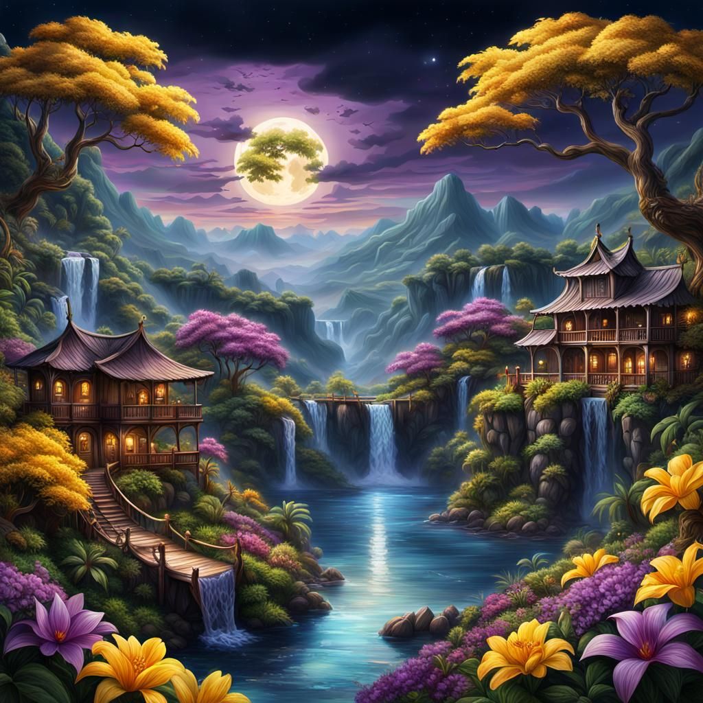 Tropical Pirate Cove Under Moonlight, Detailed Matte Paintin...