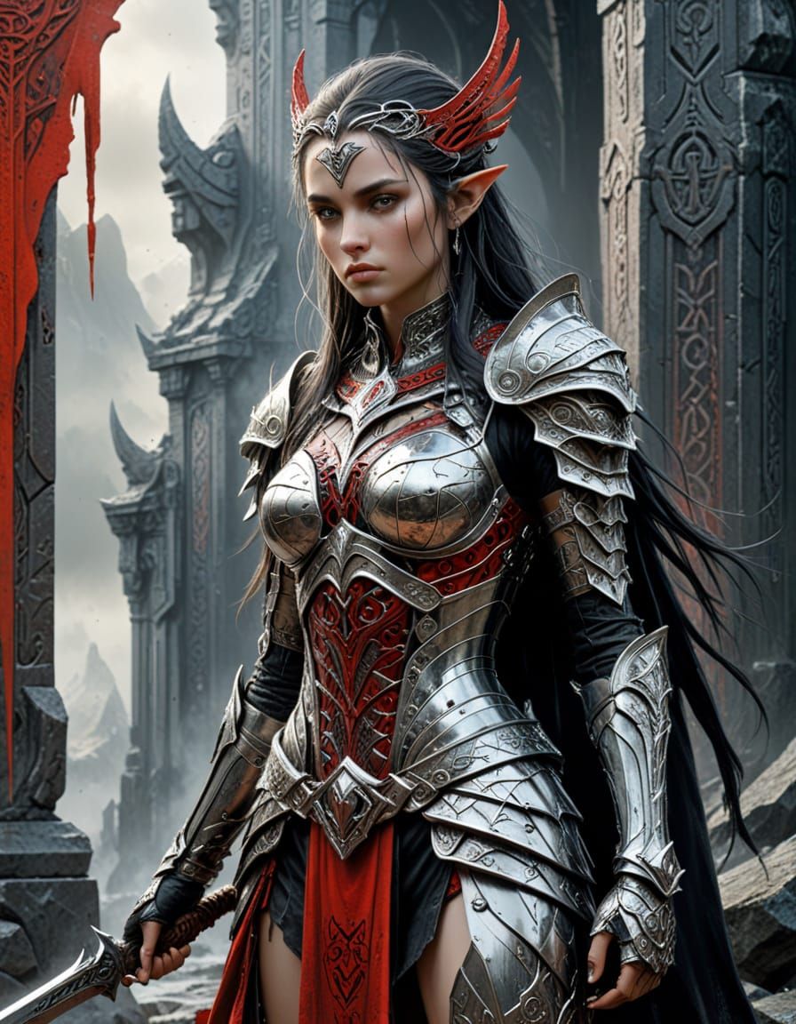 Elven Warrior Guarding Ancient Runes in Abstract Art