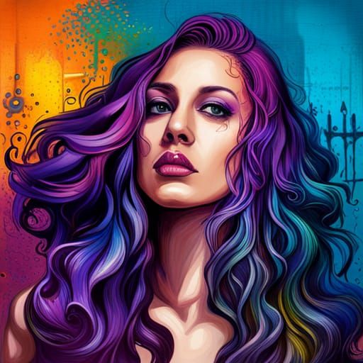 Hispanic Woman with Purple Hair in Graffiti Art