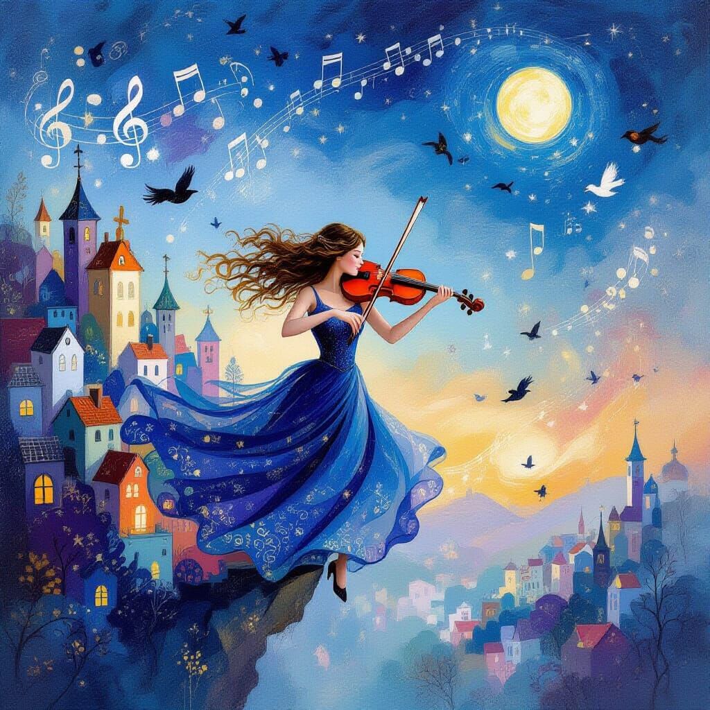 Celestial Violinist in Dreamlike Twilight Sky