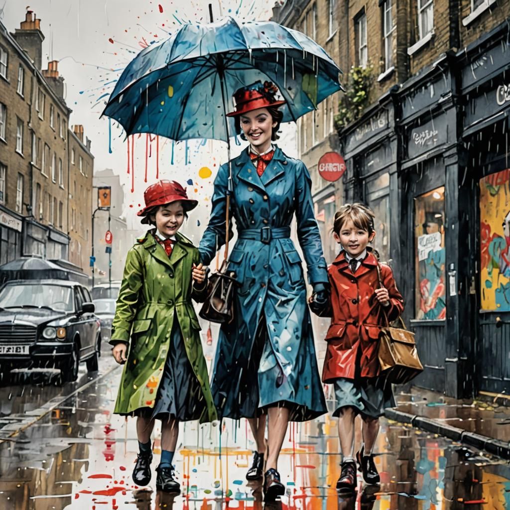 Mary Poppins in London: Watercolor and Ink Art