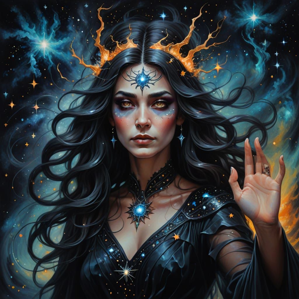 Cosmic Witch in Vibrant Oil Painting