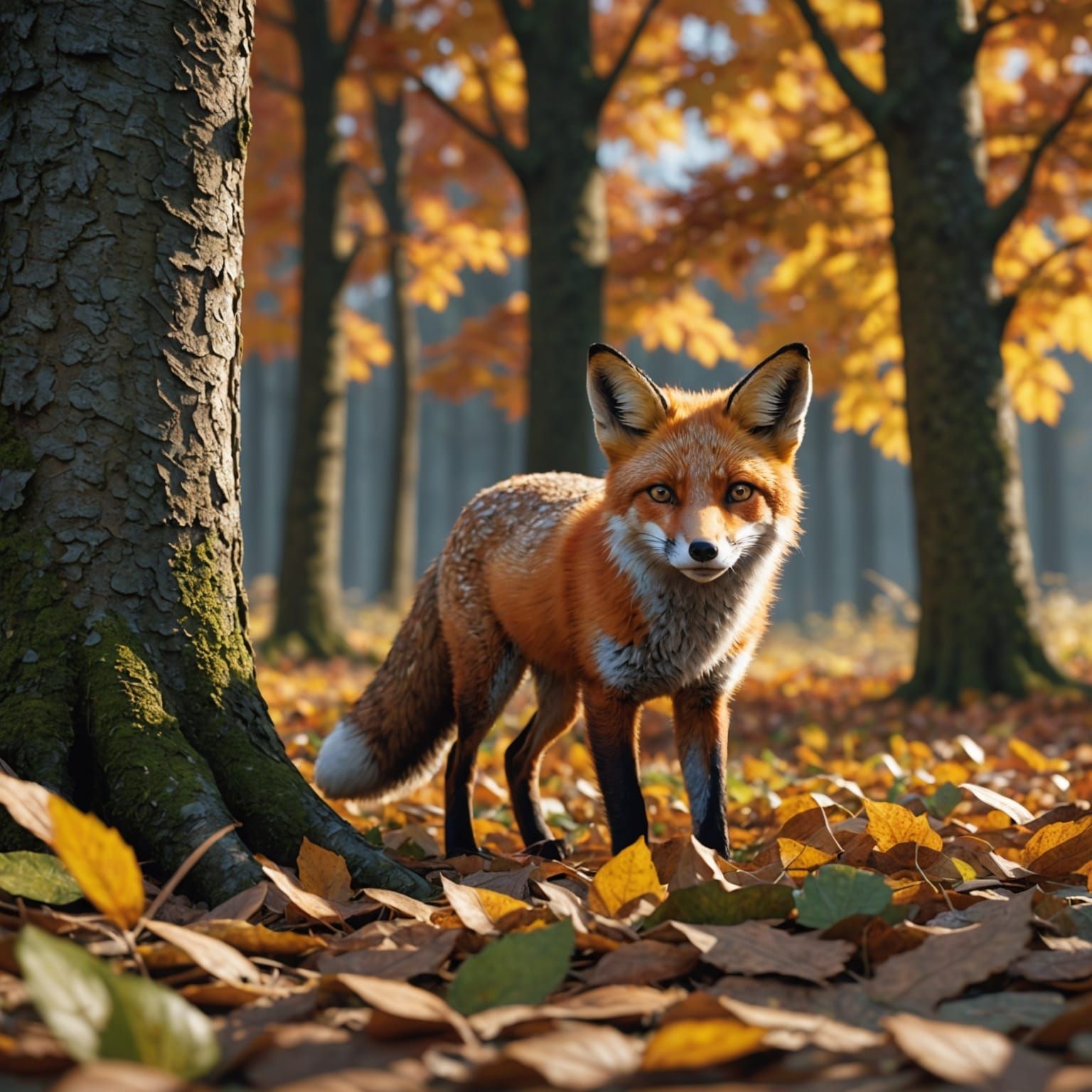 Young Fox in Autumn Leaves: 3D Rendered Image