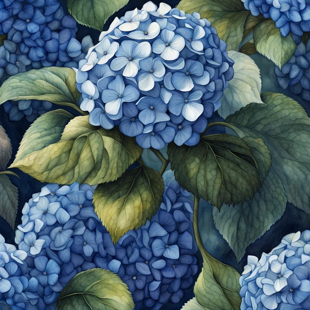 Hydrangeas, Watercolour illustration, deep blue colours, viv...