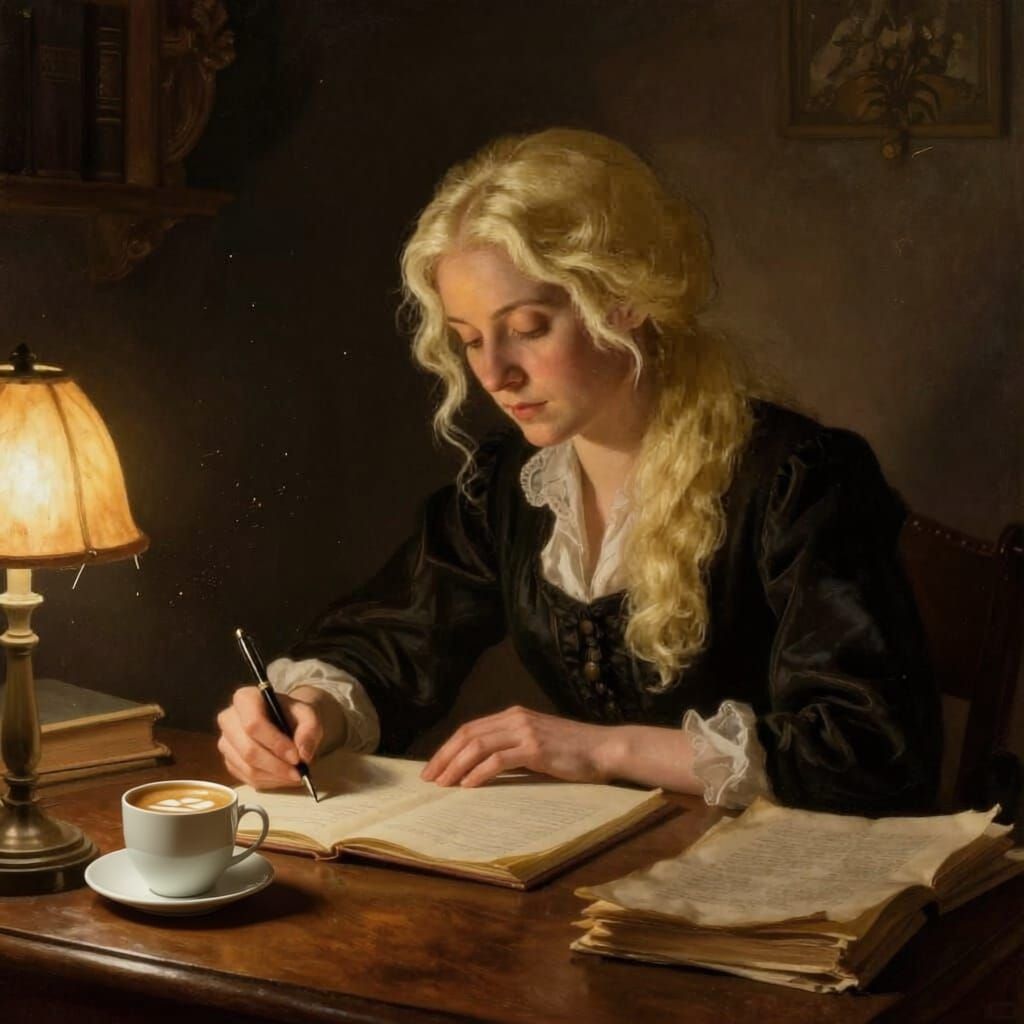 Author Contemplating Writing at a Vintage Desk in a Cosy Roo...