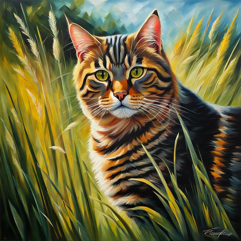 Tabby Cat in Grass as Impasto Oil Painting
