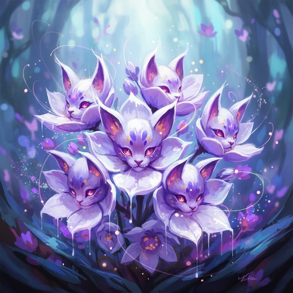 Cat Face Flowers Macro View in Fantasy Concept Art Style