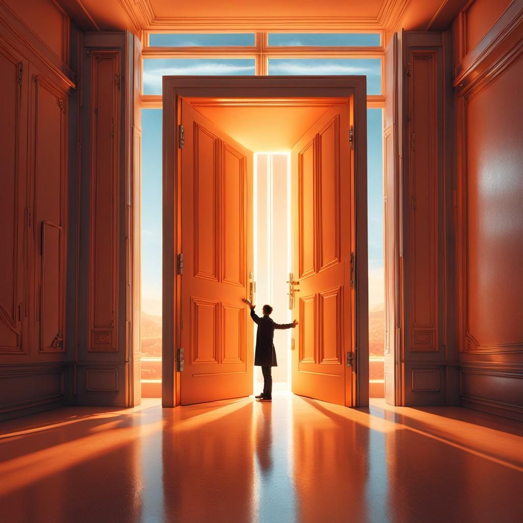 Surreal Dreamscape: Hand Reaching for Massive Door