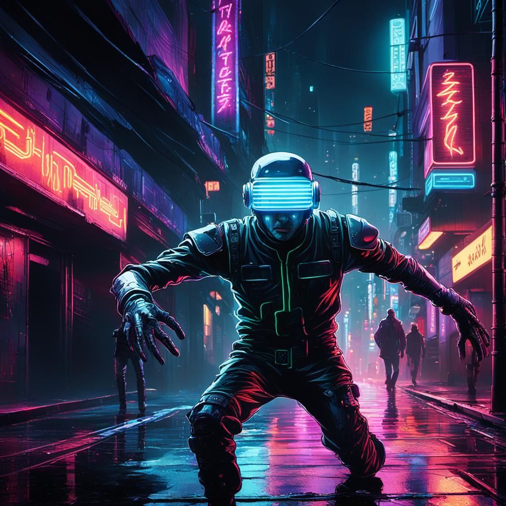 Cyberpunk Entity Runs From Neon Nightclub Observers