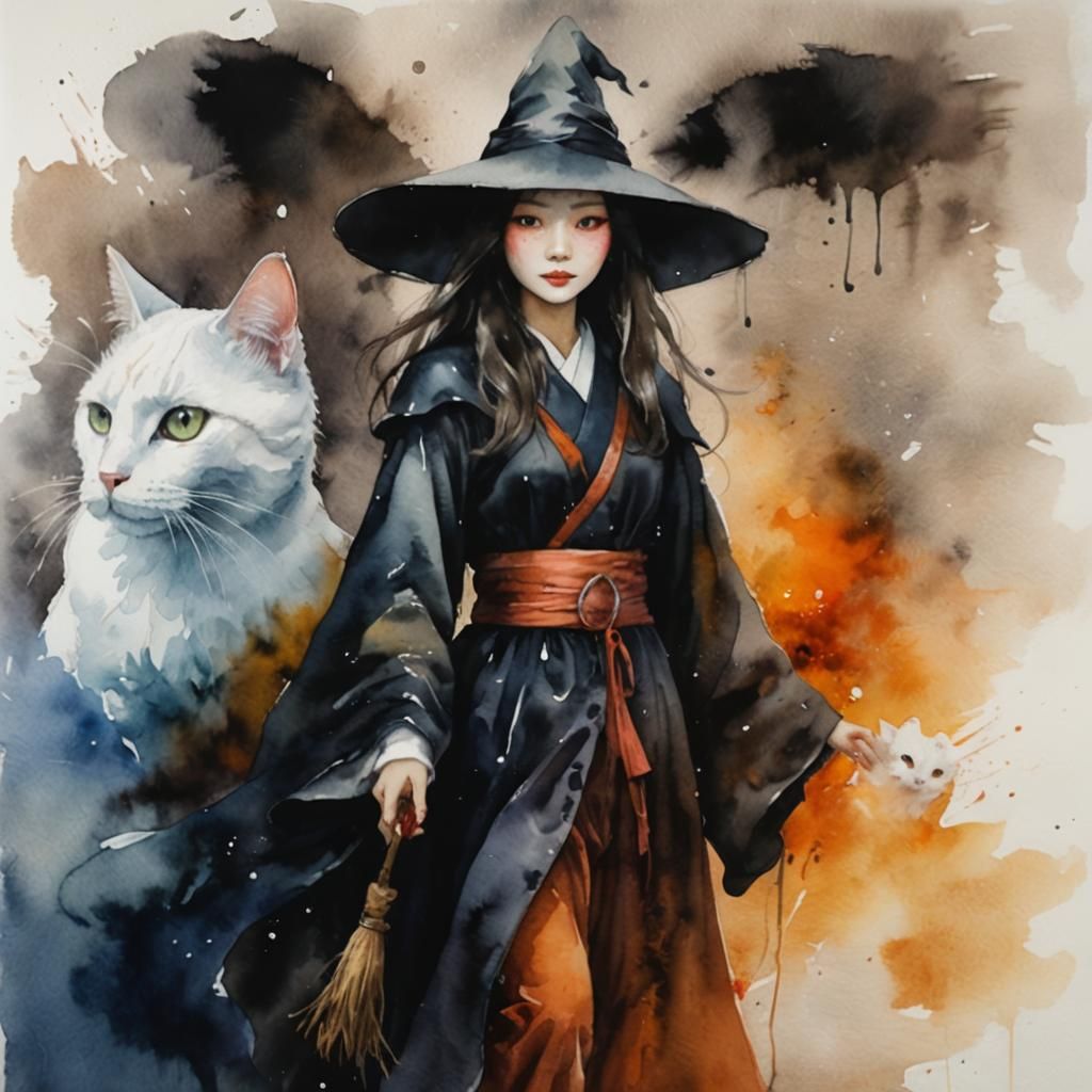 Korean Witch with White Cat in Whimsical Watercolor Style