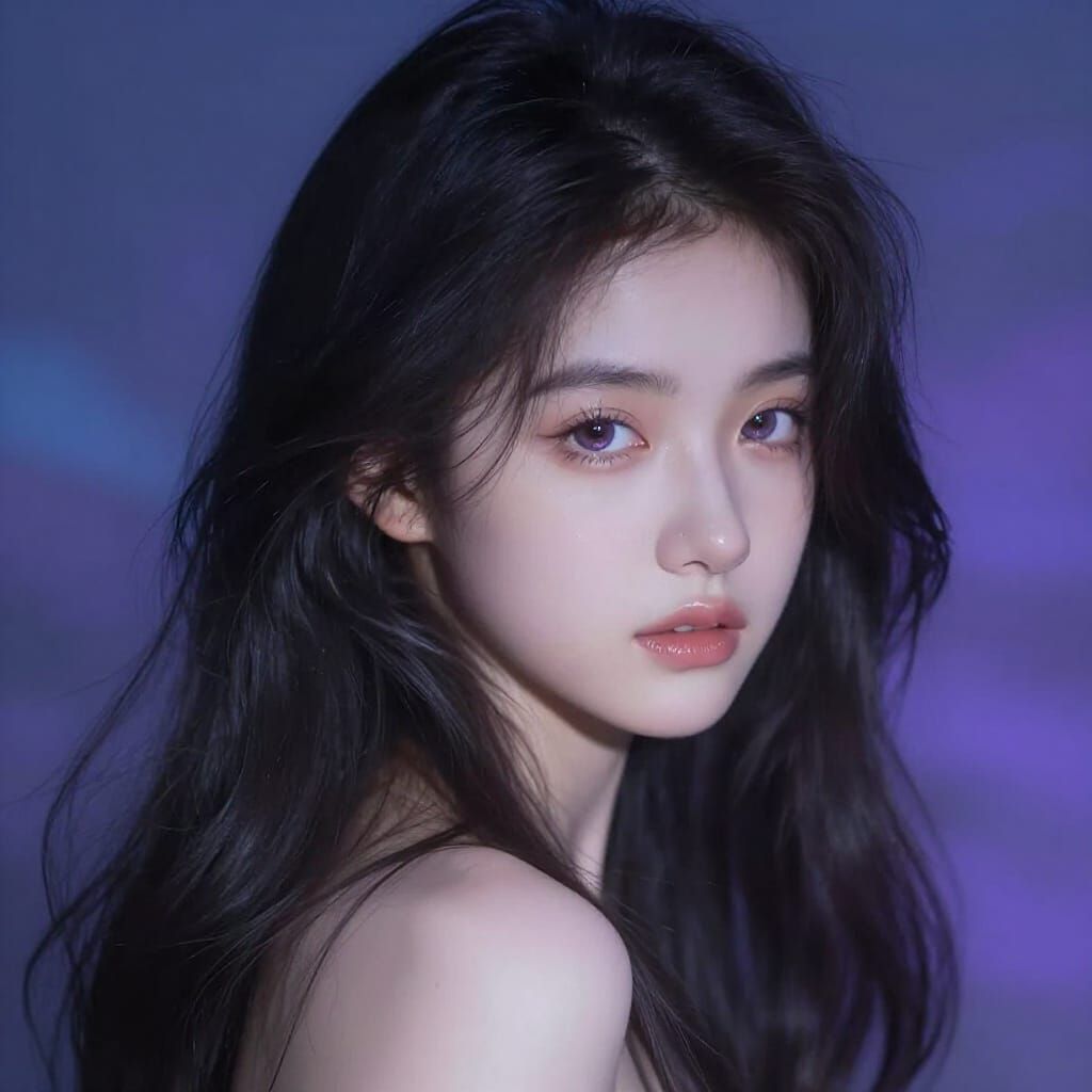 Ethereal Portrait of a Young Woman with Flowing Black Hair