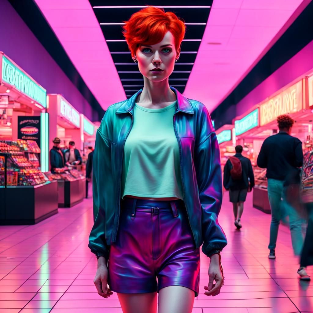 Redhead Girl in Synthwave Mall, Retrowave Surrealism