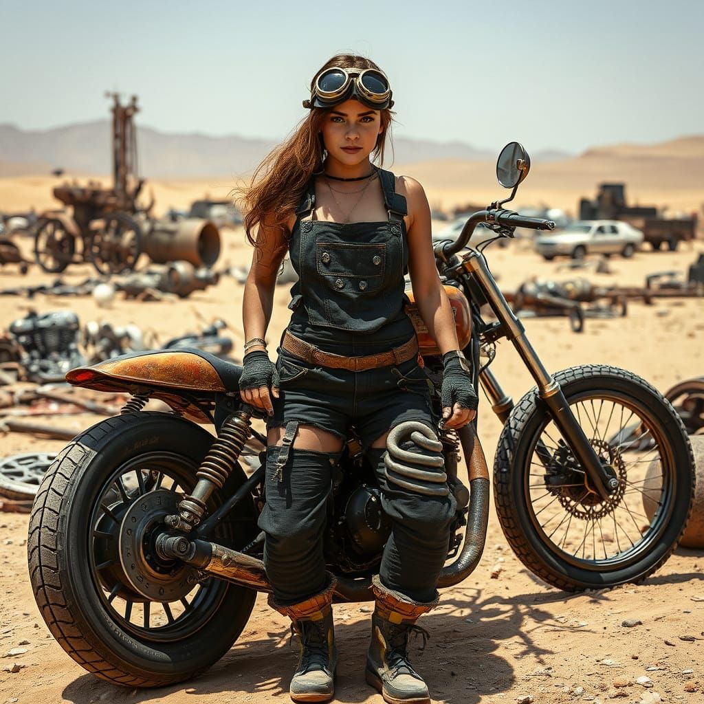 Dieselpunk Mechanic and Her Motorcycle in Desert