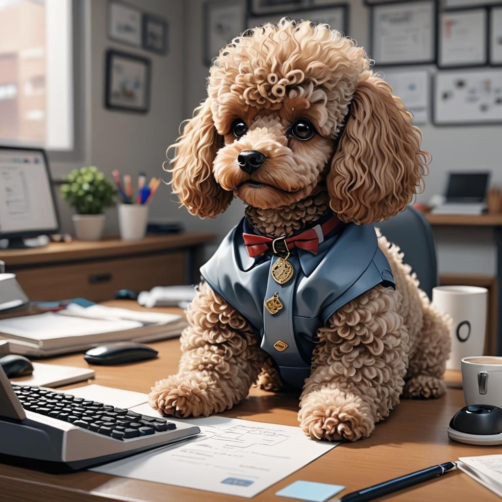 Toy Poodle Typing at Desk in Anime Style