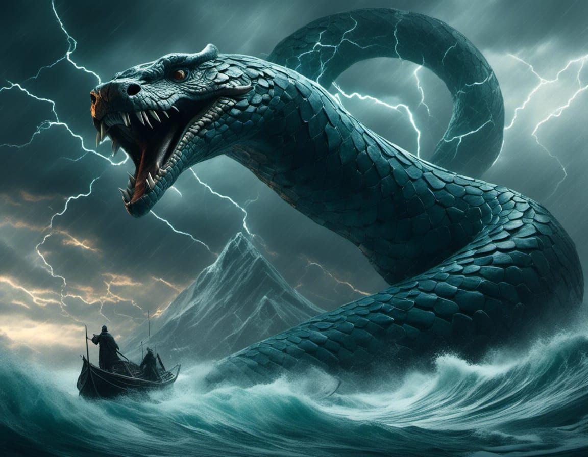 Jörmungandr: Giant Sea Serpent in Sci-Fi Watercolor