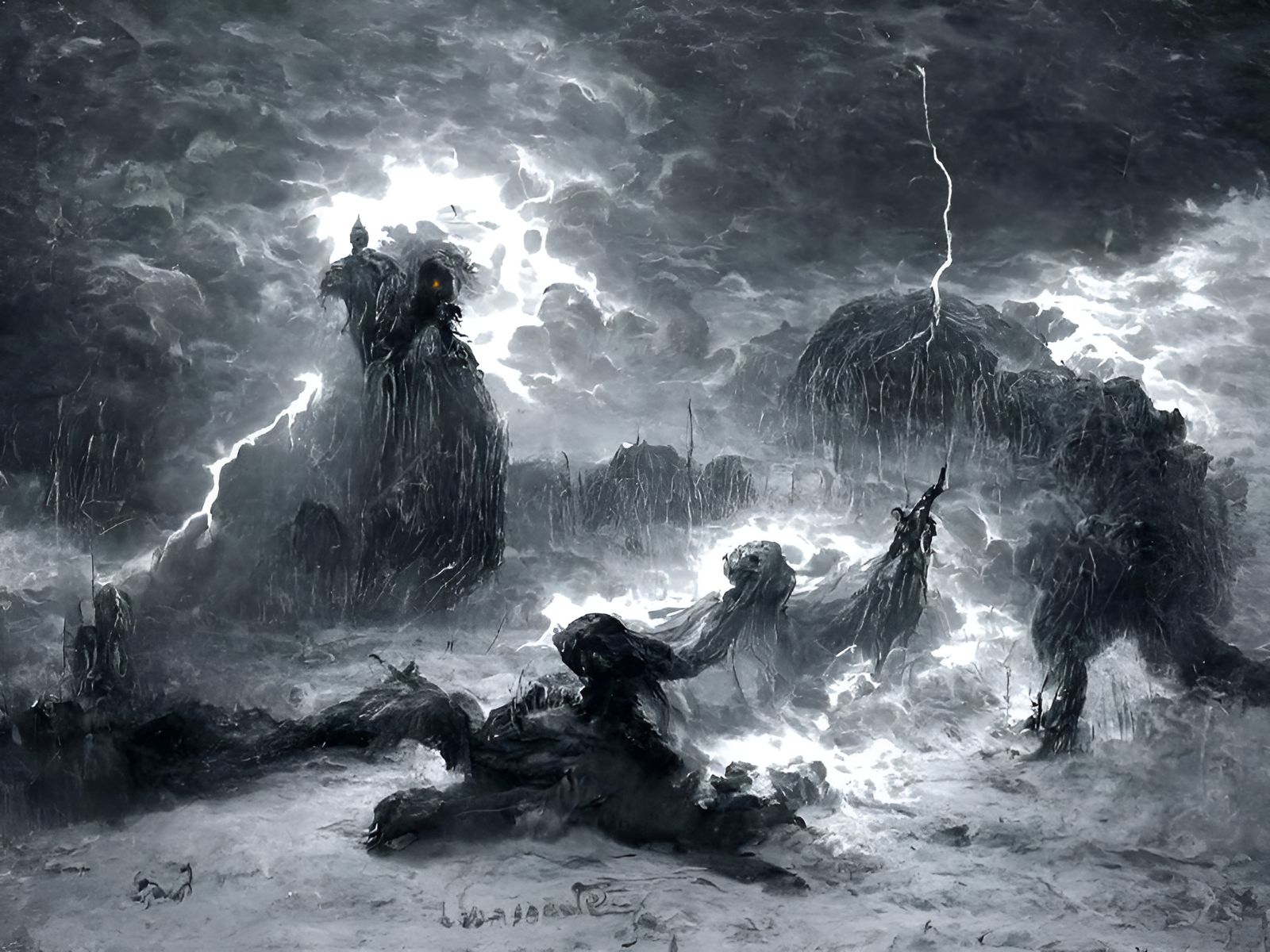 Horrific Thunderstorm with Lightning in Doré Style