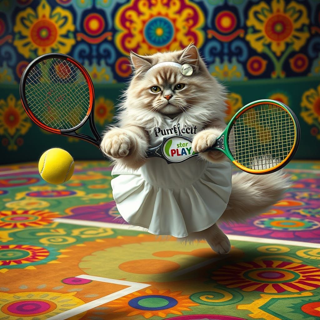 Persian Cat Plays Tennis in Psychedelic Dreamscape